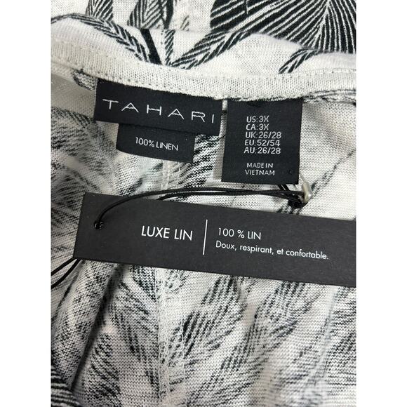 Tahari Top Size 3X 100% Linen Black White Leaf Print Tunic V-Neck Lagenlook Boho - Picture 3 of 7